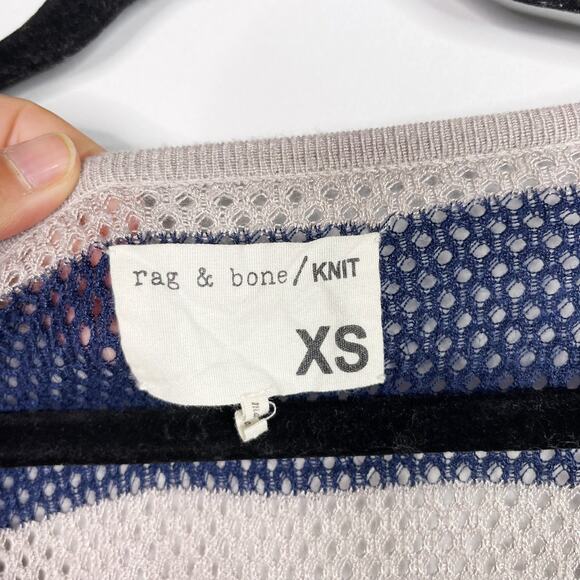 Rag & Bone Womens XSmall Cream Blue Bold Stripe Open Knit Sweater Short Sleeve - Picture 6 of 8